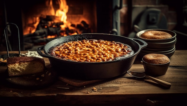 Rustiek zelfgebakken brood gebakken in gietijzer gegenereerd door AI