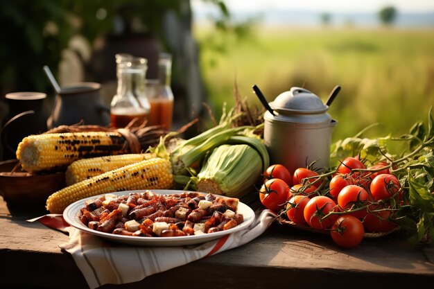 Foto rustieke bbq-picknickscène met gegrilde maïs en bonen