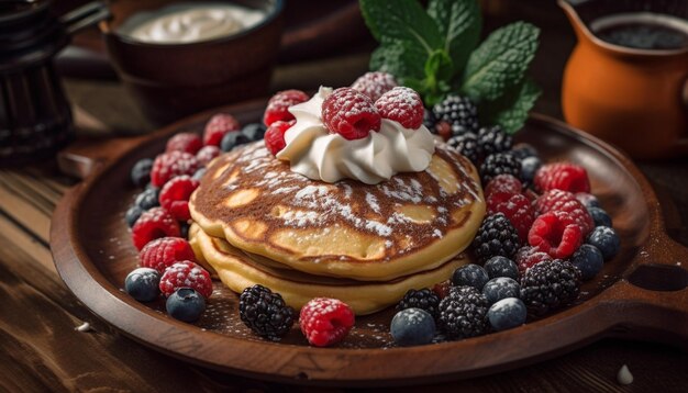 Rustieke bosbessenpannenkoekjes met verse bessen toppings gegenereerd door AI