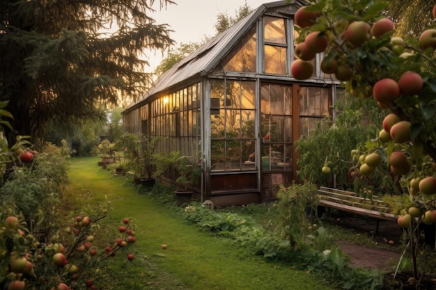 Foto rustieke broeikas genesteld tussen fruitbomen in een boomgaard gemaakt met generatieve ai