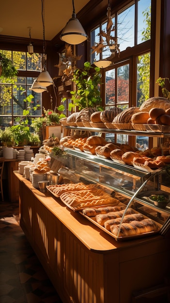Rustieke buitenbakkerij en koffieshop met warm gebak en tafels voor klanten Handgemaakt brood