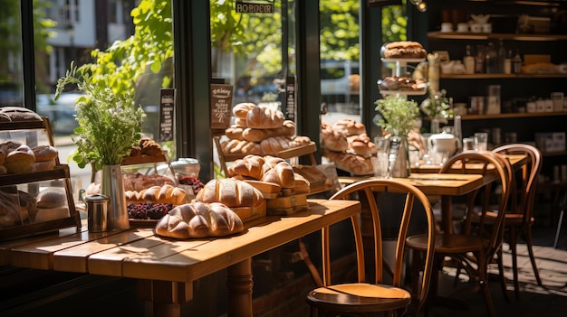 Rustieke buitenbakkerij en koffieshop met warm gebak en tafels voor klanten Handgemaakt brood