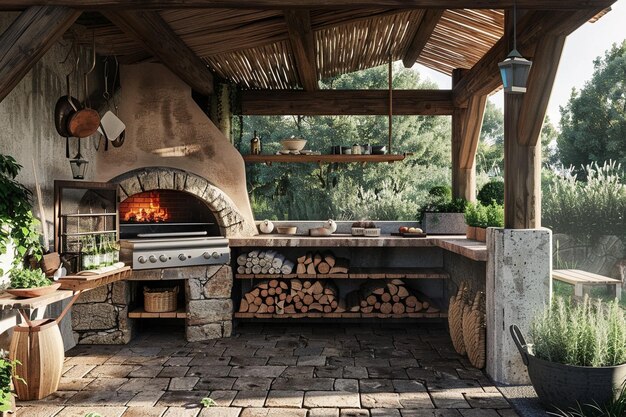 Foto rustieke buitenkeuken met een houten pizza-oven