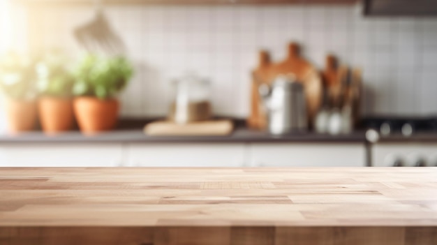 Rustieke charme Een houten tafel in de keuken met potten en gebruiksvoorwerpen verbeterd door GenerativeAI