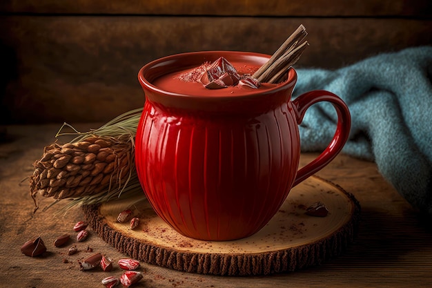 Rustieke gezellige warme chocolademelk rode kop op houten achtergrond