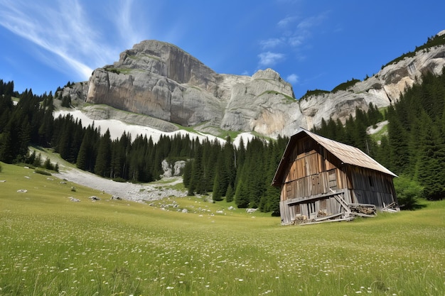 Rustieke houten hut in een alpine weide op een zonnige dag