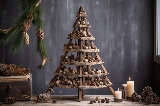 Rustieke houten kerstboom met natuurlijke versieringen