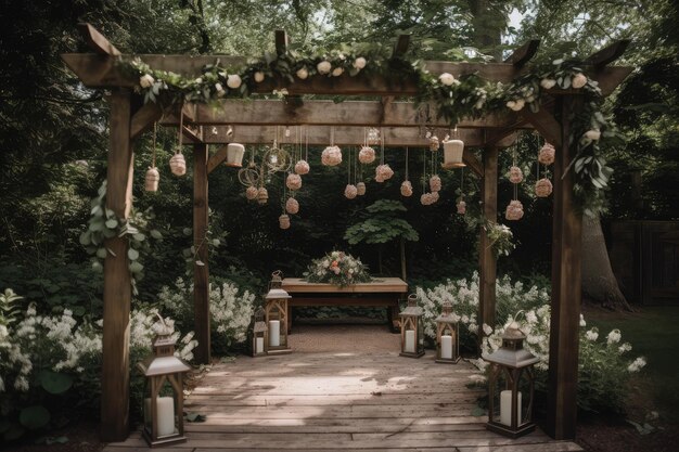 Rustieke houten pergola met hangende lantaarns omgeven door groen en bloemen