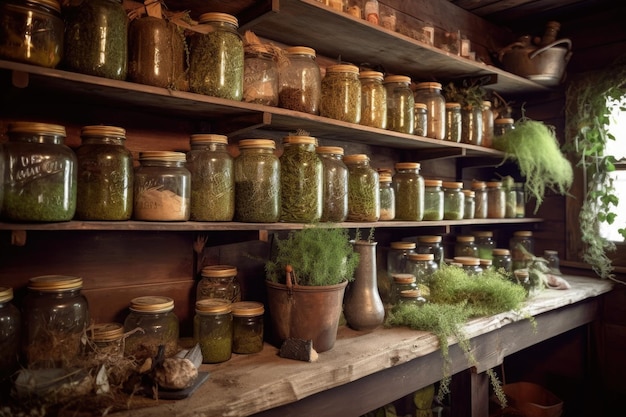 Foto rustieke houten planken gevuld met potjes gedroogde kruiden gemaakt met generatieve ai