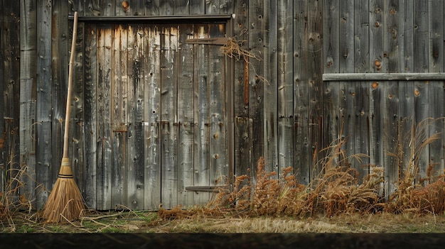 Foto rustieke houten schuurdeur met een bezem en gedroogde planten ervoor de deur is gemaakt van horizontale houten planken met roestige metalen scharnieren