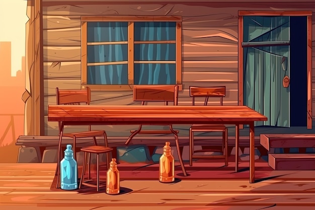 Rustieke houten tafel geplaatst voor een gezellige houten hut Generative AI