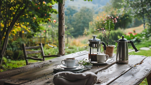 Rustieke houten tafel met een Franse pers koffiekopjes en een plant op de achtergrond De tafel staat in een weelderige groene tuin met bomen en bloemen