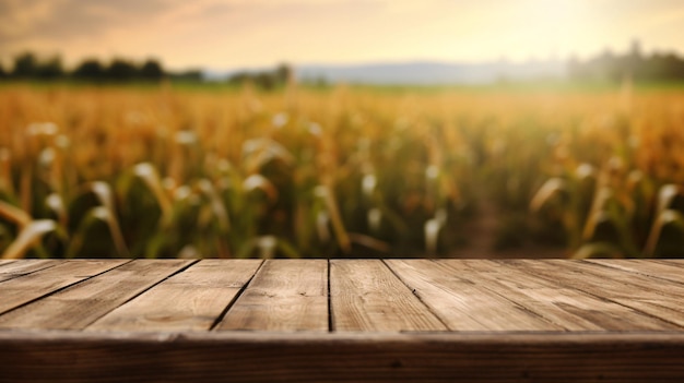 Rustieke houten tafel met een sereen maïsveld op de achtergrond Generatieve AI verbeterd
