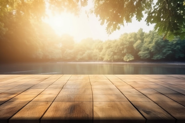 Rustieke houten tafel met uitzicht op een rustige rivier Generatieve AI