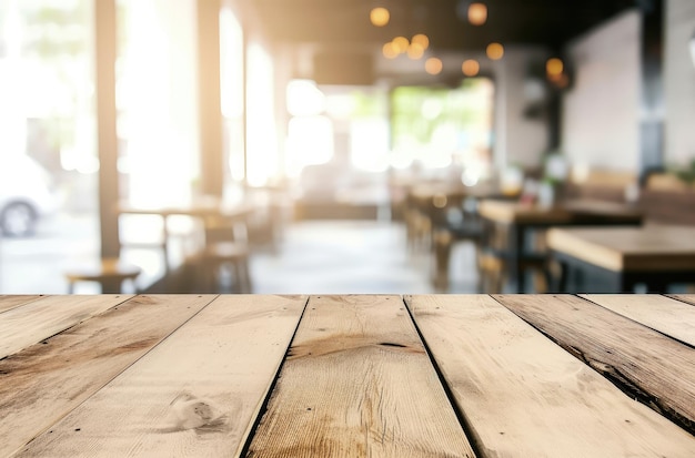 Foto rustieke houten tafel over wazig café interieur