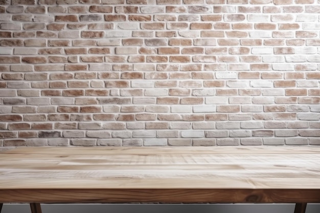 Rustieke houten tafel tegen een getextureerde bakstenen muur Generatieve AI