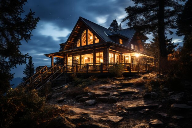 Rustieke hut in het bos onder een sterrenhemel Generatieve AI