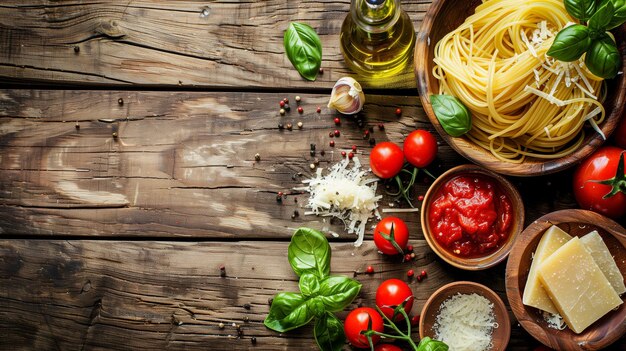 Foto rustieke italiaanse gerechten met pasta, tomaten, basilicum en kaas op een houten tafel.