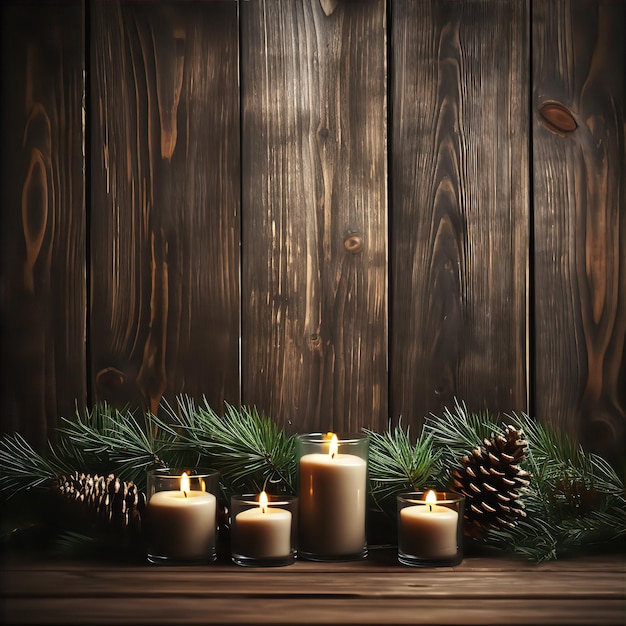 Rustieke kerst achtergrond met kaarsen dennen en houten muren