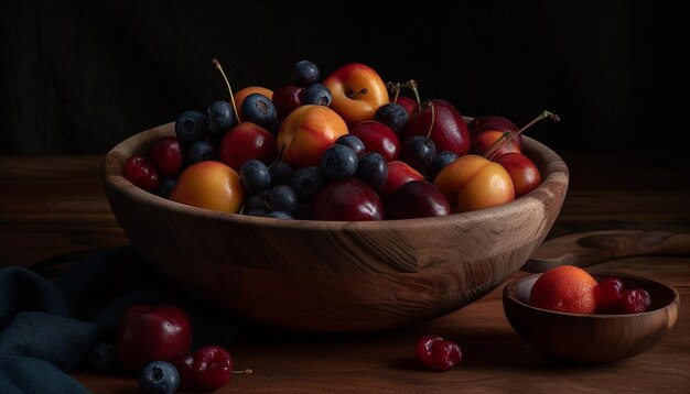 Rustieke kom met vers biologisch bessenfruit gegenereerd door kunstmatige intelligentie