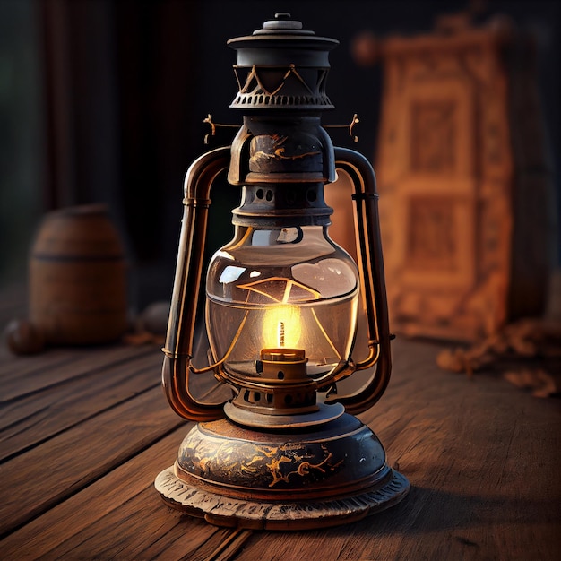 Rustieke lantaarn gloeiende verhelderende ouderwetse decoraties binnenshuis gegenereerd door AI