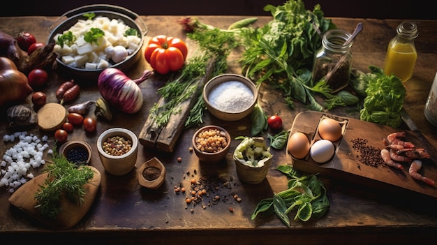 Foto rustieke maaltijdbereiding met biologische ingrediënten op houten