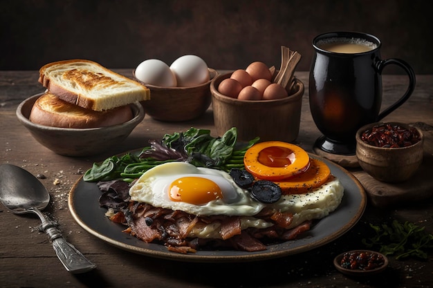 Rustieke ontbijttafel met eieren en spek. Gezond eetconcept gemaakt met generatieve AI-technologie