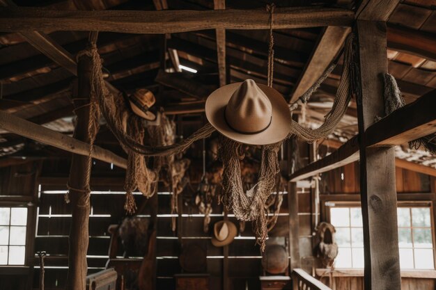 Foto rustieke schuur met cowboyhoed en touw hangend aan het plafond gemaakt met generatieve ai