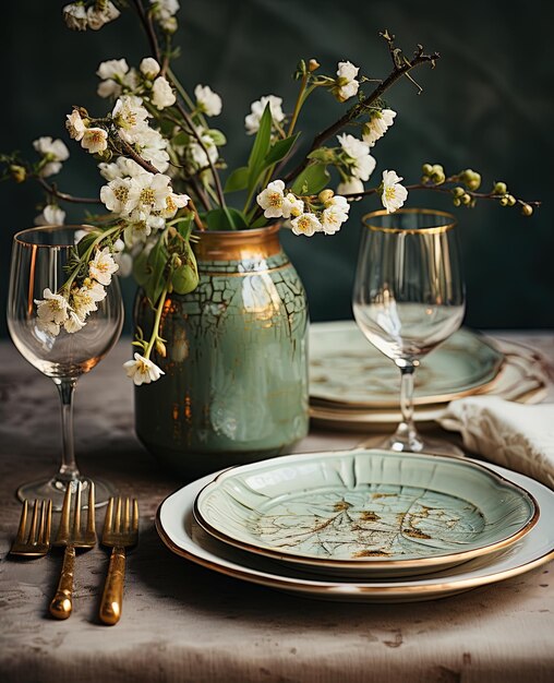 Rustieke tafel met porseleinen servies glazen vazen en witte bloemen in groene tinten
