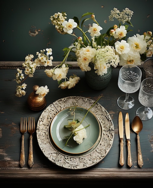 Rustieke tafel met porseleinen servies glazen vazen en witte bloemen in groene tinten