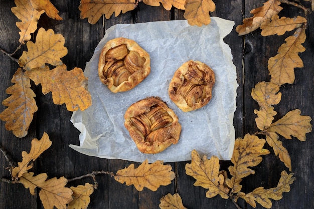 Rustieke traditionele Franse koekjescake met appels in het bovenaanzicht van de herfststijl