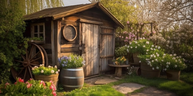 Rustieke tuinschuur omringd door bloemen in potten