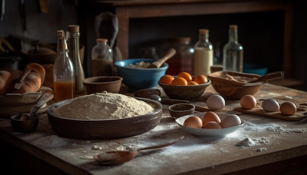 Rustieke zelfgebakken broodbereiding op houten tafel met biologische ingrediënten gegenereerd door AI