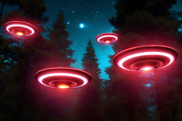 Rustig beeld van een UFO die 's nachts boven een bos zweeft met een lichtstraal Neuraal netwerk gegenereerd door AI