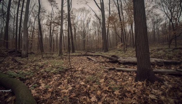 Rustig herfstbos mistig mysterie gele bladeren omgevallen bomen gegenereerd door AI