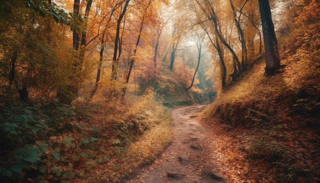 Rustig herfstvoetpadmysterie in het bos gegenereerd door AI