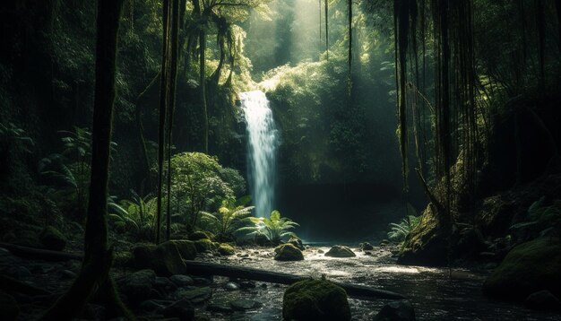 Rustig tafereel van een tropisch regenwoud met stromend water en varens gegenereerd door kunstmatige intelligentie