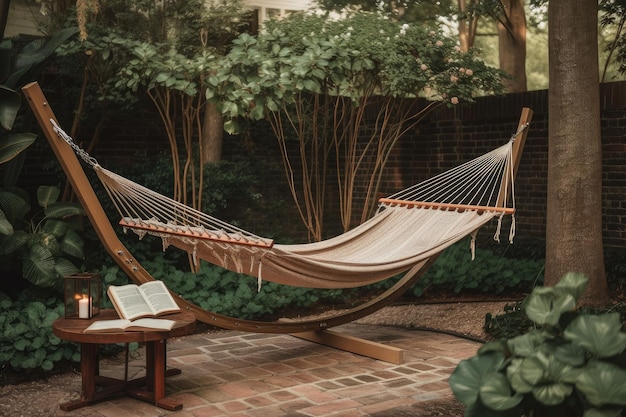 Rustig toevluchtsoord in de tuin, compleet met hangmat en theeservies gemaakt met generatieve AI