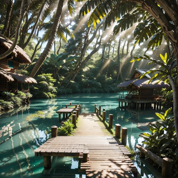 Foto rustig tropisch strand met palmbomen en houtarchitectuur