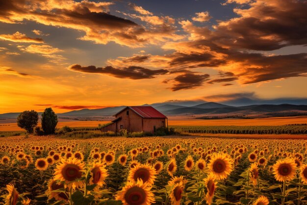 rustig uitzicht op het platteland met zonnebloemenvelden