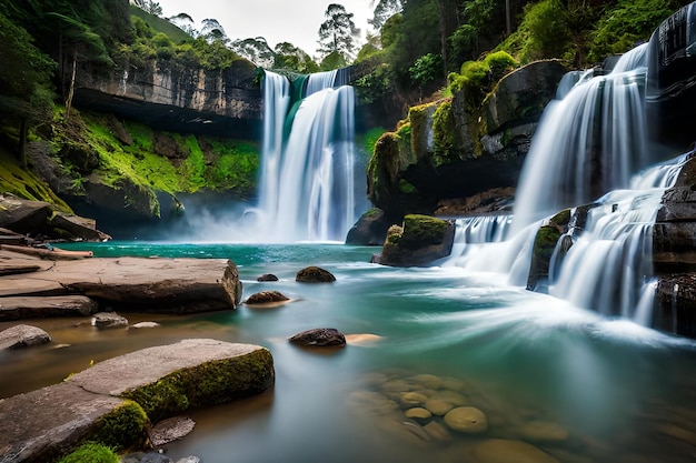 rustig watervalparadijs omgeven door groen bos en schilderachtige jungle-waterval met pieken
