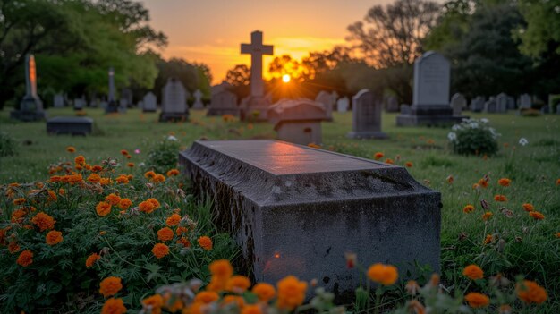 Rustige begraafplaats bij zonsondergang met bloeiende bloemen en grafstenen