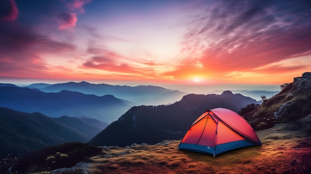 Foto rustige bergtop met kampeertent gouden zonsopgang