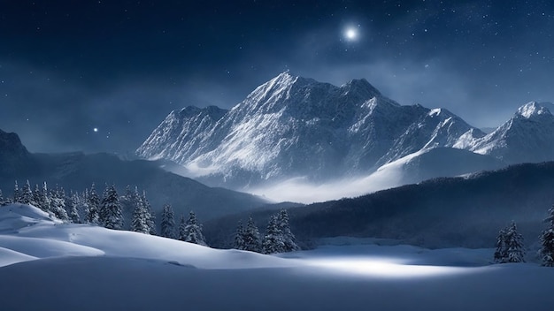 Rustige besneeuwde bergketen onder een sterrenhemel