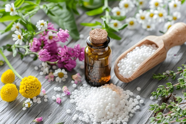 Rustige homeopathische wellnesscompositie met kruideningrediënten en alternatief medicijnconcept