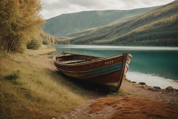 Rustige landschappen oude roestige vissersboot op de helling langs de oever van het meer