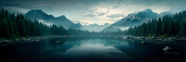 rustige luchtfoto van een serene meer gelegen te midden van een dicht bos dat de omliggende bomen en bergen weerspiegelt