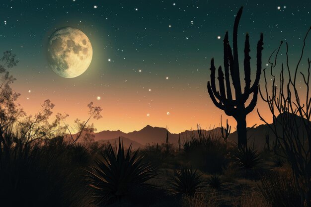 Foto rustige maanverlichte woestijn met verre silhouetten van door ai gegenereerde cactussen