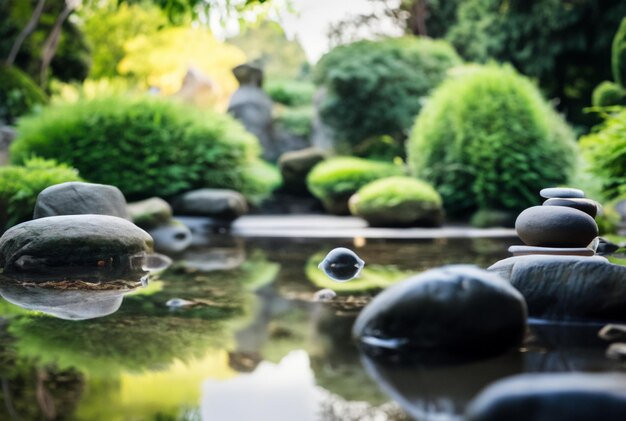 Rustige meditatie tuin met Zen elementen zoals rotsen en een rustige vijver