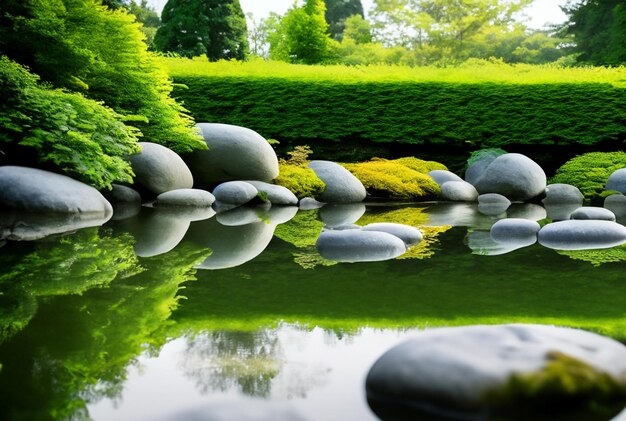 Rustige meditatie tuin met Zen elementen zoals rotsen en een rustige vijver